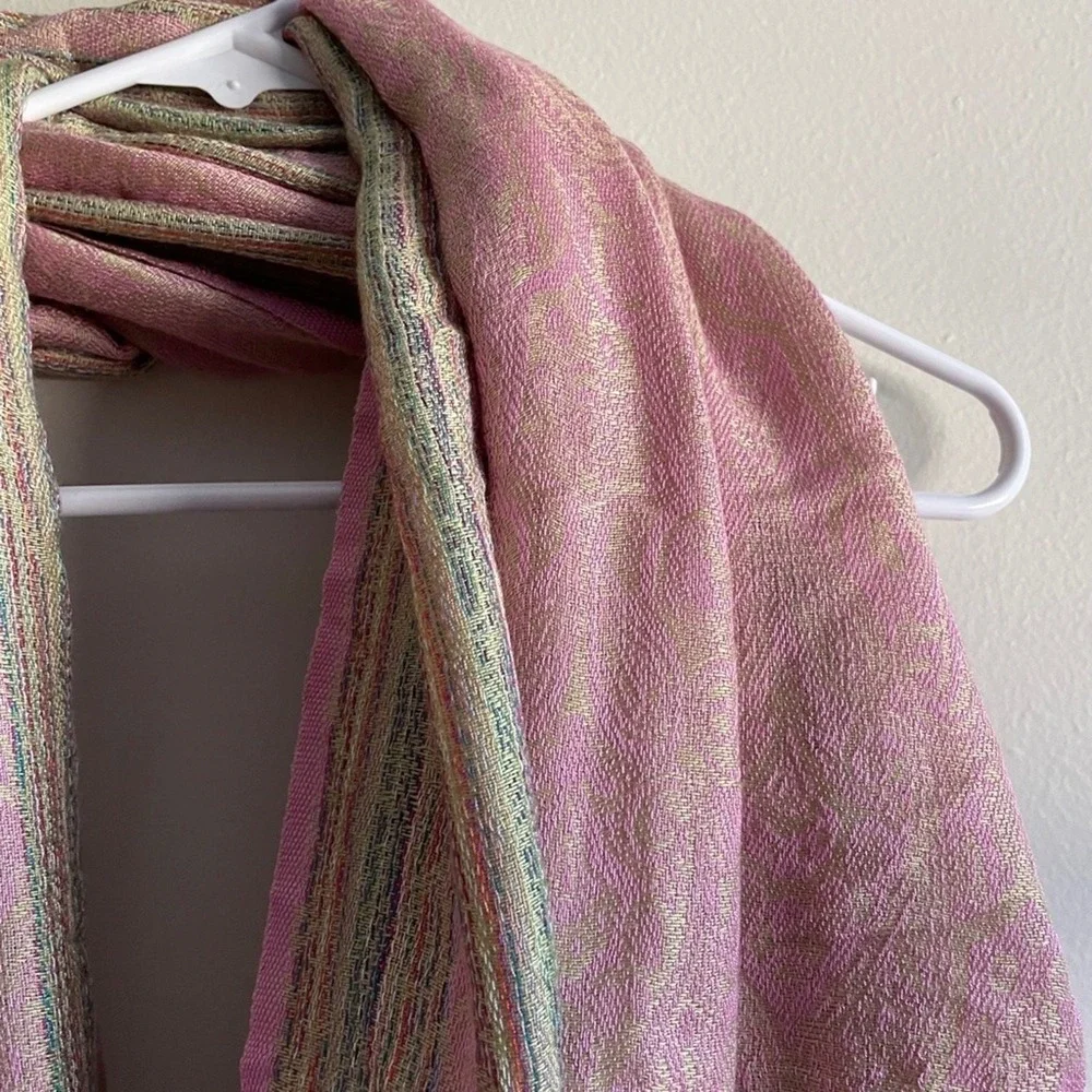 Tulip Pashmina Cashmere Silk Scarf OS Pink Green Womens Handwoven Paisley